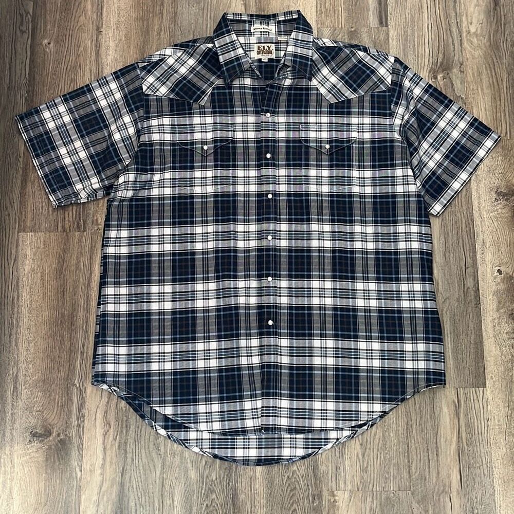 Ely Cattleman Blue Plaid Short Sleeve Pearl Snap XXL‎